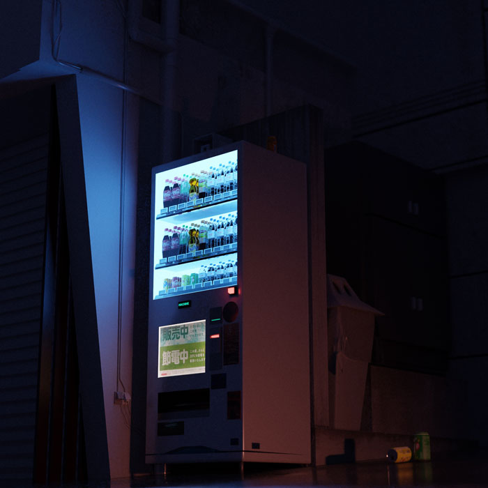 modélisation 3d d'une rue contenant un distributeur automatique de boisson