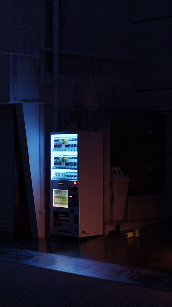 modélisation 3d d'une rue contenant un distributeur automatique de boisson